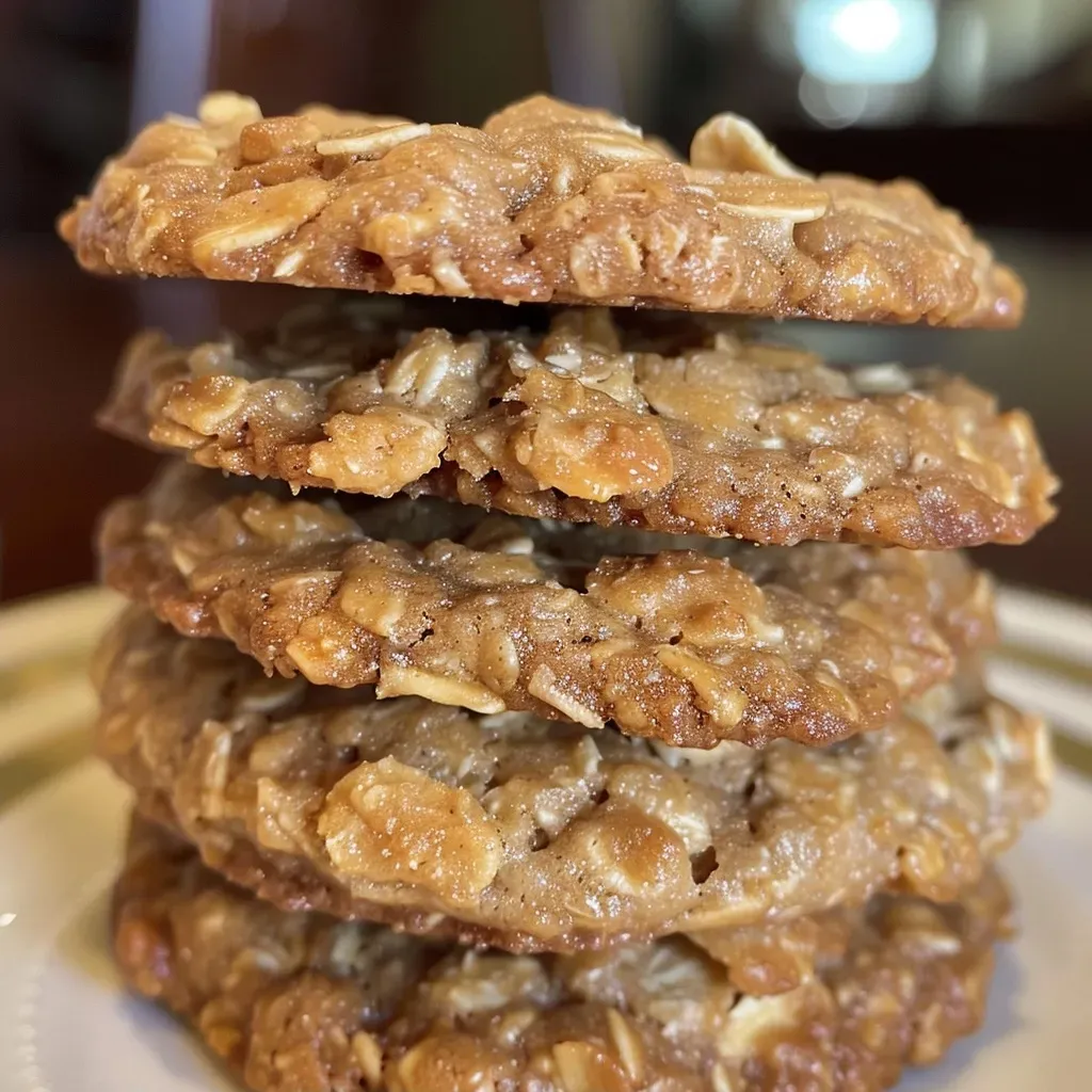 ['Close-up view of a golden-brown peanut butter oatmeal cookie, showcasing its chewy texture.', 'Side view of a freshly baked peanut butter oatmeal cookie with visible oats and a glossy surface.', 'Detailed close-up of a peanut butter oatmeal cookie highlighting its crumbly edges and soft center.', 'A single peanut butter oatmeal cookie displayed on a rustic surface, emphasizing its homemade appearance.']