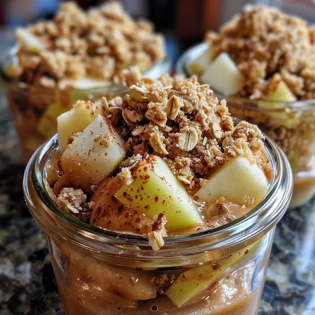 ['Close-up of Protein Apple Crisp Cake Jars showcasing layers of apple and cake.', 'Side view of a delicious Protein Apple Crisp Cake Jar with visible apple slices on top.', 'Detailed shot of a jar filled with Protein Apple Crisp Cake, highlighting its texture and ingredients.', 'Zoomed-in image of a Protein Apple Crisp Cake Jar, displaying a mix of cake and crisp layers.']