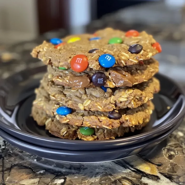 ['A close-up side view of a Protein Monster Cookie, showcasing its chewy texture and colorful ingredients.', 'A single serve Protein Monster Cookie seen from the side, highlighting chocolate chips and M&Ms on top.', 'A detailed side view of a Protein Monster Cookie, emphasizing its oatmeal base and chunks of chocolate.', 'An iPhone 15 Pro shot of a Protein Monster Cookie, focusing on its rich, delicious appearance.']