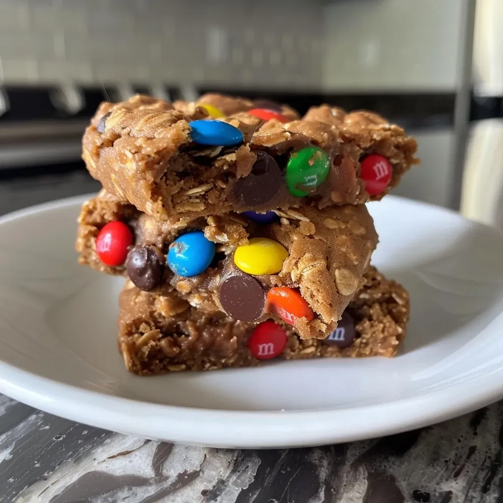 ['A close-up side view of a Protein Monster Cookie, showcasing its chewy texture and colorful ingredients.', 'A single serve Protein Monster Cookie seen from the side, highlighting chocolate chips and M&Ms on top.', 'A detailed side view of a Protein Monster Cookie, emphasizing its oatmeal base and chunks of chocolate.', 'An iPhone 15 Pro shot of a Protein Monster Cookie, focusing on its rich, delicious appearance.']