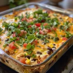 ['Close-up of a golden-brown burrito bake topped with melted cheese and cilantro.', 'Side view of a protein-packed burrito bake, showcasing layers of chicken, beans, and cheese.', 'A delicious casserole dish filled with colorful ingredients like corn and salsa, garnished with fresh cilantro.', 'Juicy burrito bake with a crispy edge, spilling over with savory fillings and melted cheese.']