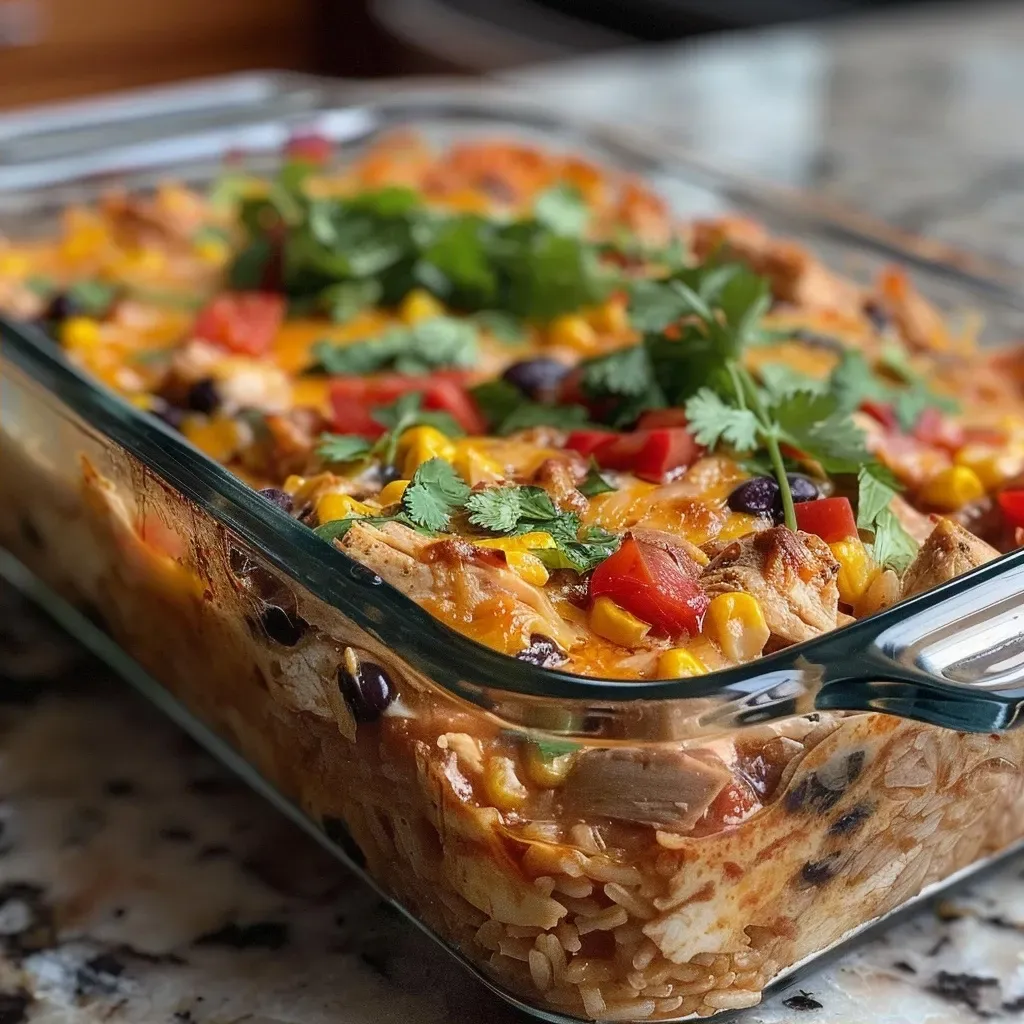 ['Close-up of a golden-brown burrito bake topped with melted cheese and cilantro.', 'Side view of a protein-packed burrito bake, showcasing layers of chicken, beans, and cheese.', 'A delicious casserole dish filled with colorful ingredients like corn and salsa, garnished with fresh cilantro.', 'Juicy burrito bake with a crispy edge, spilling over with savory fillings and melted cheese.']