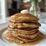 ['Side view of golden-brown protein pancakes stacked on a plate.', 'Close-up shot of fluffy protein pancakes with syrup drizzling down.', 'A delicious stack of protein pancakes topped with a slice of butter.', 'Juicy, stacked protein pancakes served with a side of fresh fruit.']