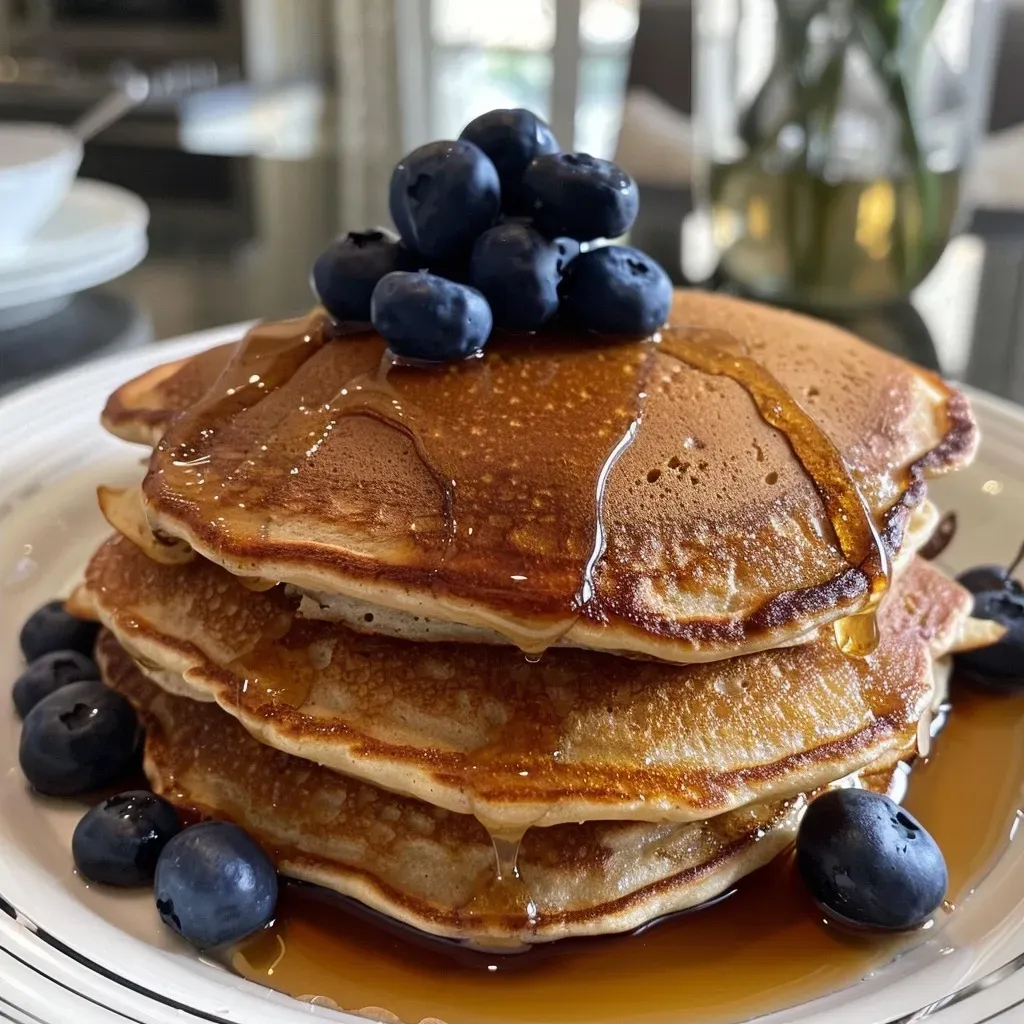 ['Side view of golden-brown protein pancakes stacked on a plate.', 'Close-up shot of fluffy protein pancakes with syrup drizzling down.', 'A delicious stack of protein pancakes topped with a slice of butter.', 'Juicy, stacked protein pancakes served with a side of fresh fruit.']