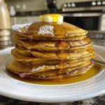 ['Close-up of fluffy pumpkin pancakes stacked on a plate.', 'Side view of golden-brown pumpkin pancakes with syrup drizzling.', 'Tasty pumpkin pancakes topped with butter and spices.', 'Delicious pumpkin pancakes with a smooth texture and warm colors.']