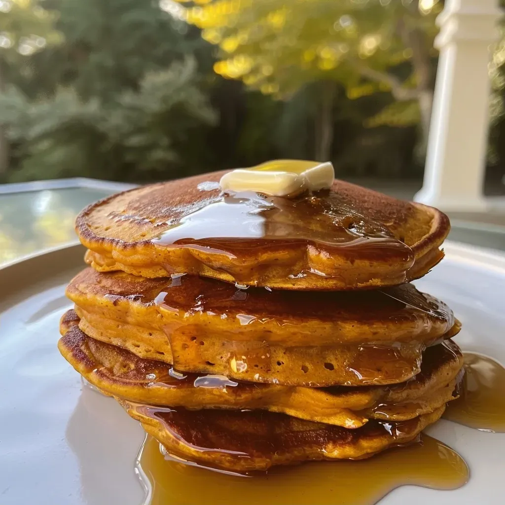 ['Close-up of fluffy pumpkin pancakes stacked on a plate.', 'Side view of golden-brown pumpkin pancakes with syrup drizzling.', 'Tasty pumpkin pancakes topped with butter and spices.', 'Delicious pumpkin pancakes with a smooth texture and warm colors.']