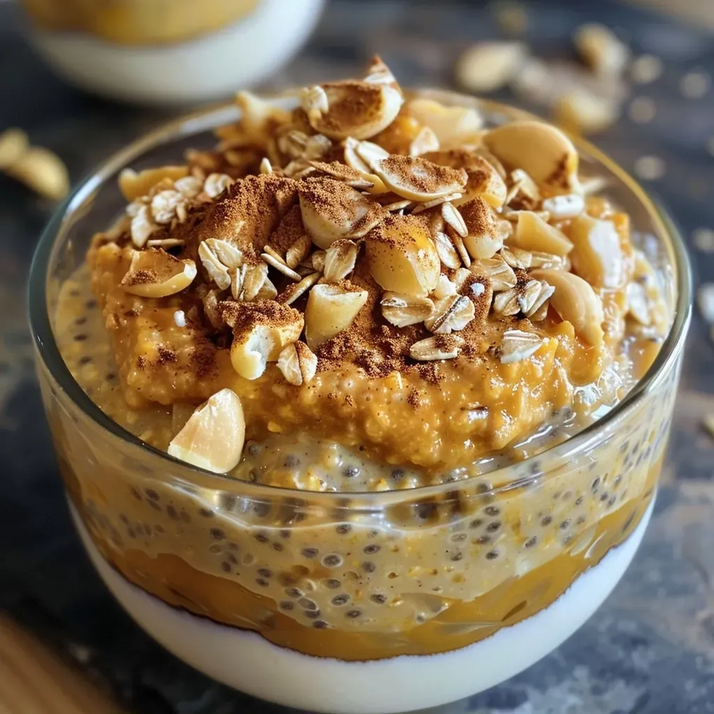 ['Close-up view of a bowl of Pumpkin Pie Overnight Oats topped with chia seeds.', 'Side view of creamy pumpkin pie overnight oats with a sprinkle of chia seeds.', 'Detailed look at pumpkin pie overnight oats in a glass jar, showcasing ingredients.', 'Enticing close-up of overnight oats with pumpkin puree and chia seeds in a bowl.']