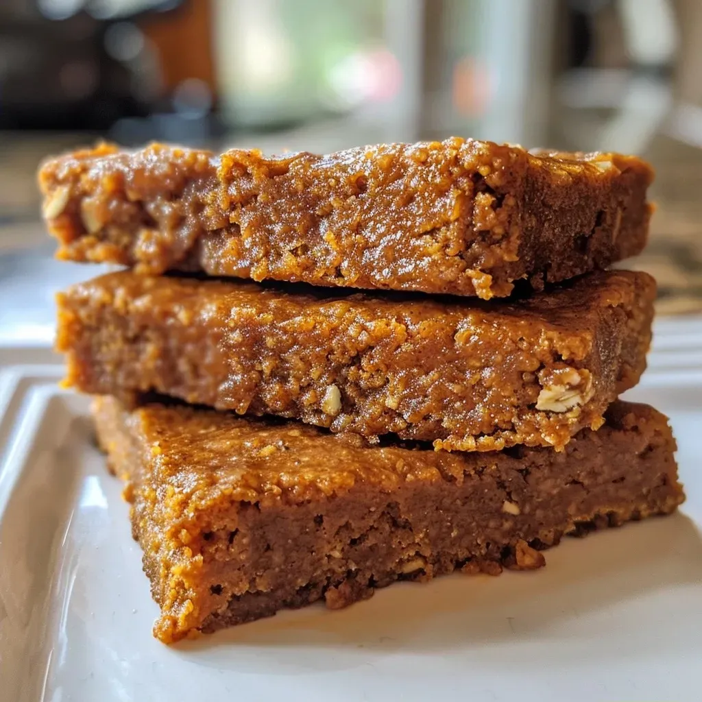 ['Close-up of pumpkin protein bars with a smooth texture and topped with nuts.', 'Side view of moist pumpkin protein bars highlighting their golden-brown color.', 'A detailed shot of a pumpkin protein bar showcasing its chewy consistency and nutty topping.', 'Close-up image of delicious-looking pumpkin protein bars arranged neatly on a plate.']