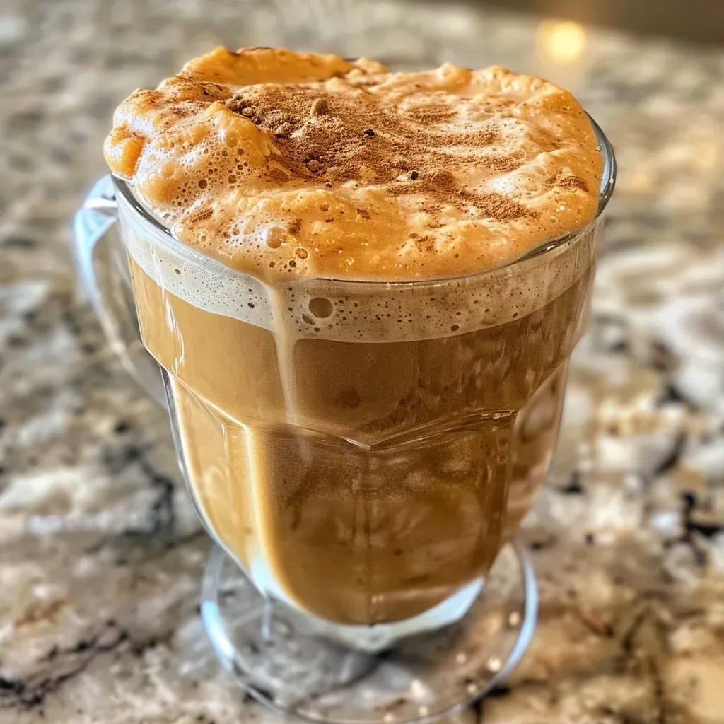 ['Close-up view of creamy pumpkin protein cold foam atop cold brew coffee in a clear glass.', 'Side view of a delicious pumpkin protein cold foam drink, highlighting its texture and color.', 'Juicy pumpkin protein cold foam layered over cold brew coffee, garnished with pumpkin pie spice.', 'A vibrant close-up of pumpkin protein cold foam in a glass, with a hint of autumn spices.']