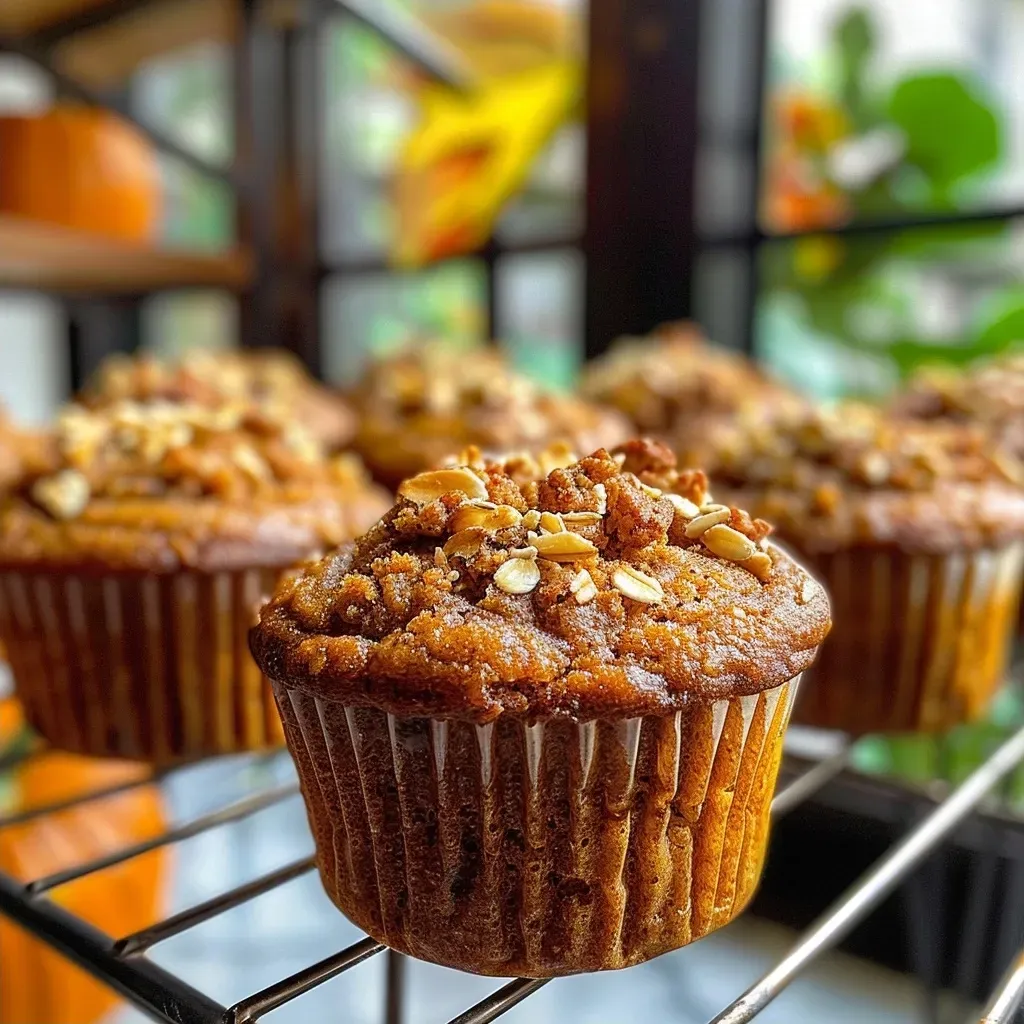 ['Close-up of a moist pumpkin protein muffin with a golden-brown exterior.', 'Side view of a delicious pumpkin protein muffin showcasing its soft texture.', 'Juicy pumpkin protein muffin featuring a rich, inviting color and toppings.', 'Detailed image of a pumpkin protein muffin highlighting the fluffy interior.']