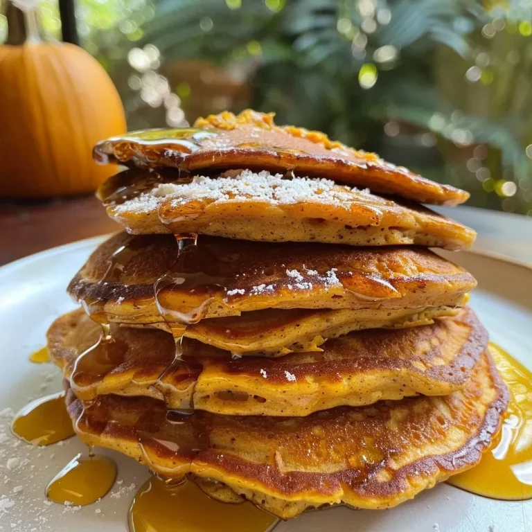 ['Close-up side view of fluffy pumpkin protein pancakes topped with syrup.', 'Delicious stack of pumpkin protein pancakes with a drizzle of maple syrup.', 'Juicy pumpkin protein pancakes garnished with pumpkin pie spice.', 'Vibrant image of pumpkin protein pancakes served on a plate with syrup.']