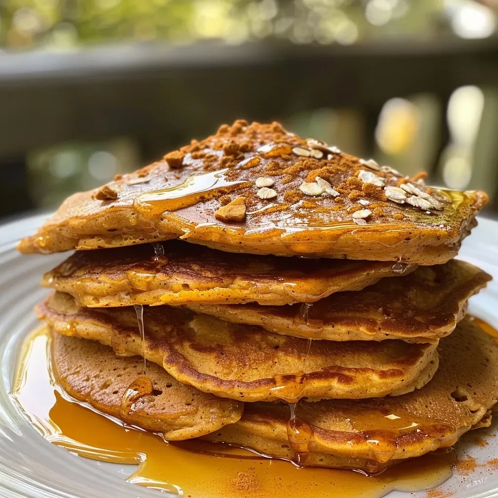 ['Close-up side view of fluffy pumpkin protein pancakes topped with syrup.', 'Delicious stack of pumpkin protein pancakes with a drizzle of maple syrup.', 'Juicy pumpkin protein pancakes garnished with pumpkin pie spice.', 'Vibrant image of pumpkin protein pancakes served on a plate with syrup.']