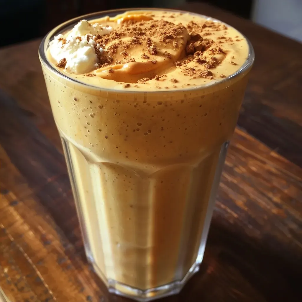['A creamy pumpkin protein shake in a glass, topped with a sprinkle of pumpkin pie spice.', 'A close-up view of a delicious pumpkin smoothie, showcasing its rich orange color and smooth texture.', 'A side view of a pumpkin pie smoothie in a clear glass, with ingredients arranged around it.', 'A refreshing pumpkin protein shake made with almond milk, Greek yogurt, and pumpkin puree in a vibrant glass.']