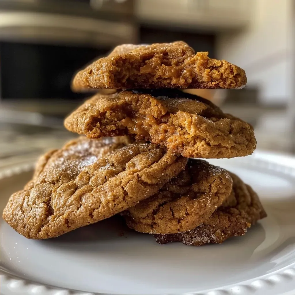['Close-up view of a delicious pumpkin spice cookie with a soft texture.', 'Side view of freshly baked pumpkin spice cookies displaying a golden brown color.', 'A tempting pumpkin spice cookie resting on a plate, showcasing its rich spices.', 'An appetizing pumpkin spice cookie, highlighting a moist interior and crunchy edges.']