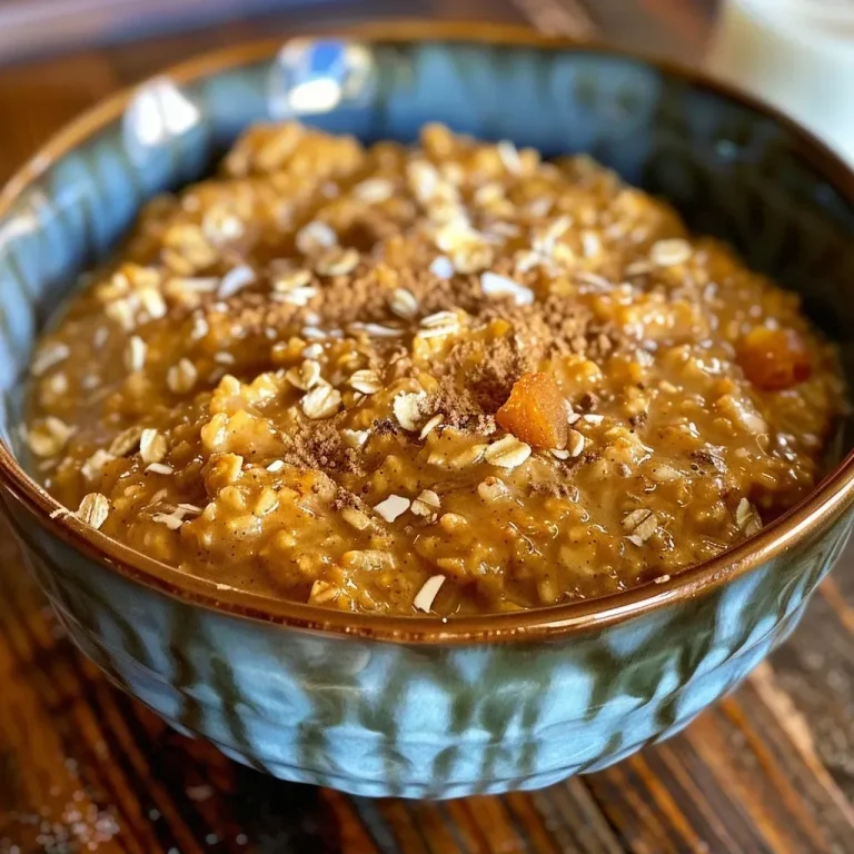 ['Close-up shot of creamy Pumpkin Spice Oatmeal with visible ingredients.', 'Side view of Pumpkin Spice Oatmeal in a bowl, garnished with spices.', 'Textured Pumpkin Spice Oatmeal with dates and pumpkin puree in focus.', 'Warm bowl of Pumpkin Spice Oatmeal, showcasing its creamy consistency.']