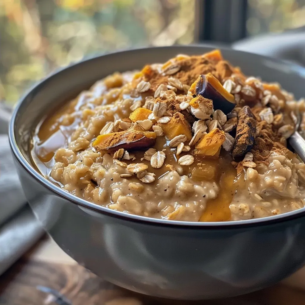 ['Close-up shot of creamy Pumpkin Spice Oatmeal with visible ingredients.', 'Side view of Pumpkin Spice Oatmeal in a bowl, garnished with spices.', 'Textured Pumpkin Spice Oatmeal with dates and pumpkin puree in focus.', 'Warm bowl of Pumpkin Spice Oatmeal, showcasing its creamy consistency.']
