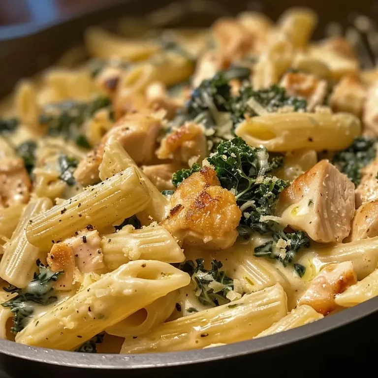 ['Close-up view of a creamy chicken, kale, and pasta dish garnished with black pepper and parmesan.', 'A side view of a hearty plate of Quick and Creamy Chicken, Kale, and Pasta with vegetables.', 'Juicy pieces of chicken mixed with kale and pasta in a creamy sauce, presented in a bowl.', 'A delicious serving of chicken and kale pasta topped with melted cheese, displayed on a white plate.']