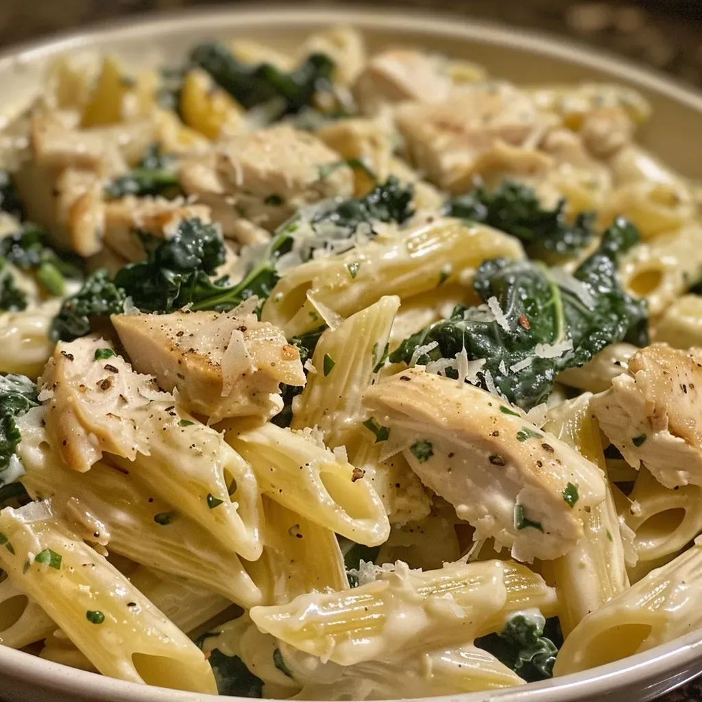 ['Close-up view of a creamy chicken, kale, and pasta dish garnished with black pepper and parmesan.', 'A side view of a hearty plate of Quick and Creamy Chicken, Kale, and Pasta with vegetables.', 'Juicy pieces of chicken mixed with kale and pasta in a creamy sauce, presented in a bowl.', 'A delicious serving of chicken and kale pasta topped with melted cheese, displayed on a white plate.']