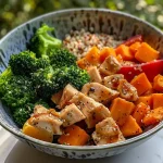 ['Close-up of a colorful chicken bowl featuring diced chicken, sweet potatoes, broccoli, and bell pepper.', 'Side view of a nutritious chicken bowl with vibrant vegetables and grains on a rustic table.', 'Juicy chicken and wholesome vegetables in a bowl, showcasing a healthy meal option.', 'Detailed view of a wholesome chicken bowl filled with fresh ingredients and colorful presentation.']