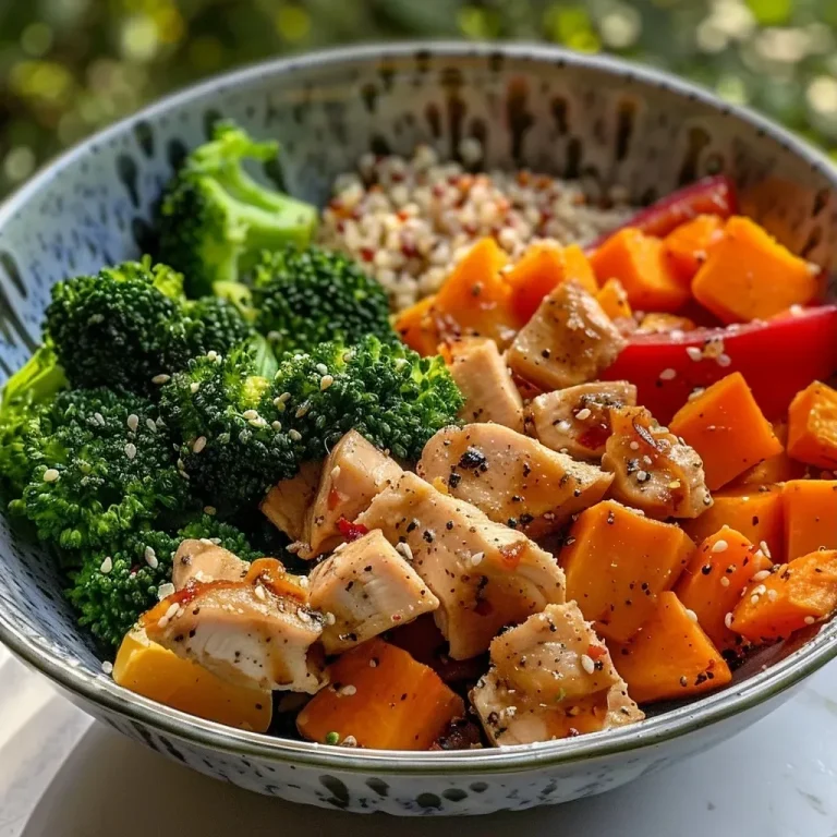 ['Close-up of a colorful chicken bowl featuring diced chicken, sweet potatoes, broccoli, and bell pepper.', 'Side view of a nutritious chicken bowl with vibrant vegetables and grains on a rustic table.', 'Juicy chicken and wholesome vegetables in a bowl, showcasing a healthy meal option.', 'Detailed view of a wholesome chicken bowl filled with fresh ingredients and colorful presentation.']