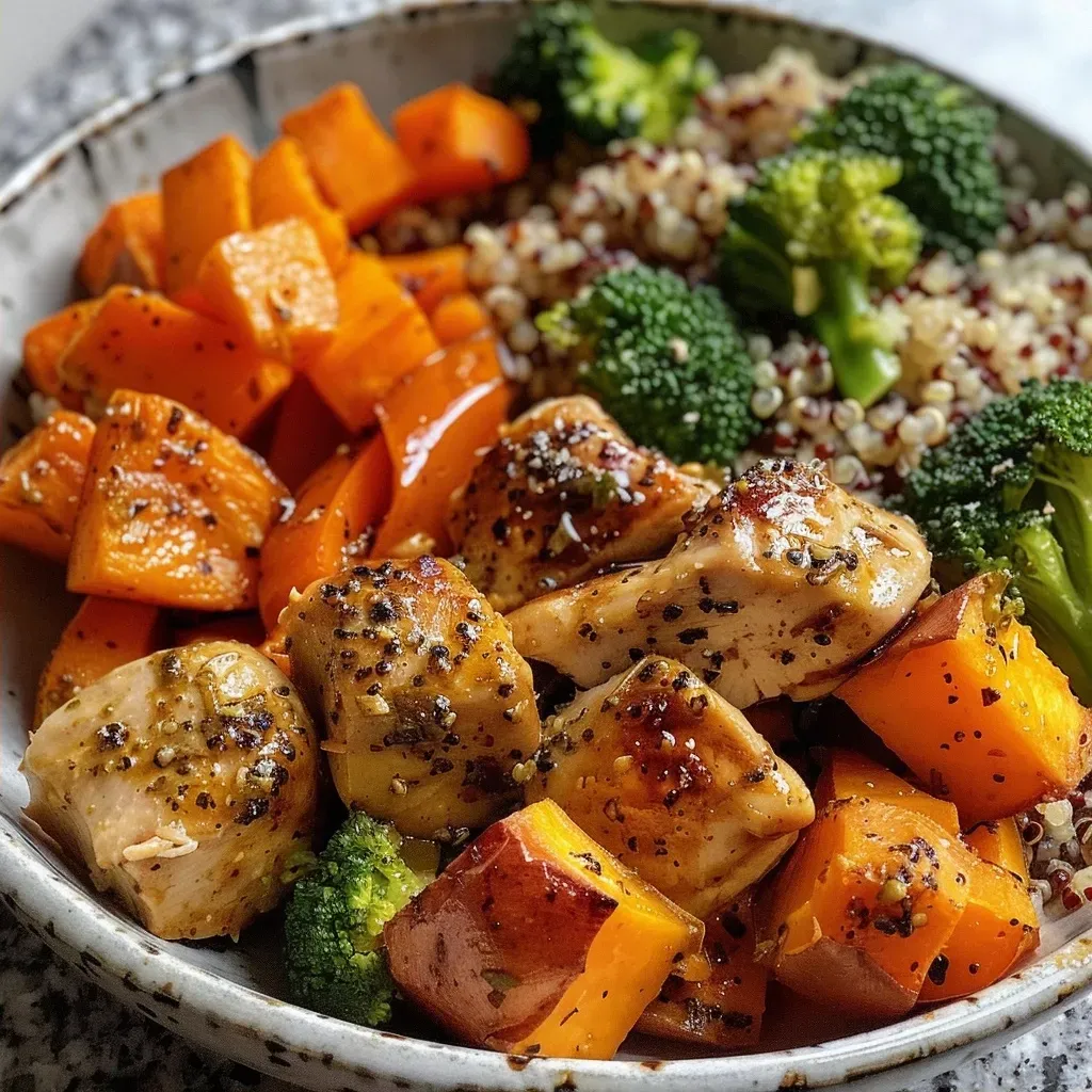 ['Close-up of a colorful chicken bowl featuring diced chicken, sweet potatoes, broccoli, and bell pepper.', 'Side view of a nutritious chicken bowl with vibrant vegetables and grains on a rustic table.', 'Juicy chicken and wholesome vegetables in a bowl, showcasing a healthy meal option.', 'Detailed view of a wholesome chicken bowl filled with fresh ingredients and colorful presentation.']