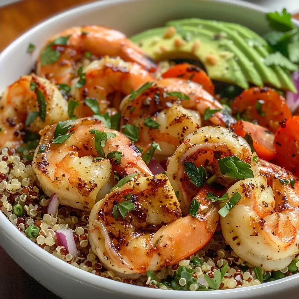 ['A close-up view of a quinoa bowl topped with shrimp, avocado, and cherry tomatoes.', 'A vibrant quinoa bowl featuring shrimp and fresh vegetables, seen from the side.', 'A detailed side view of a shrimp quinoa bowl with colorful ingredients visible.', 'A close-up of a healthy quinoa bowl showcasing succulent shrimp and diced avocado.']