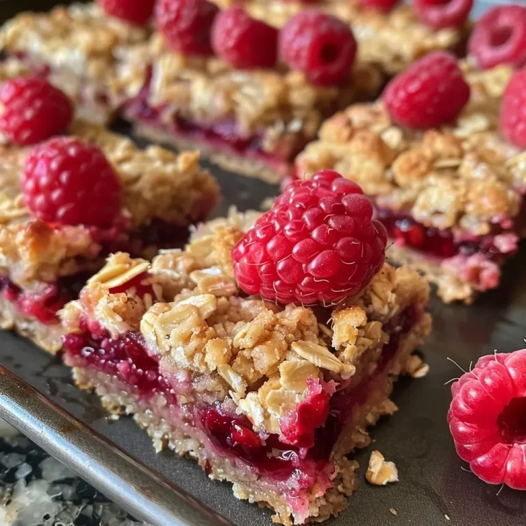 ['Close-up view of raspberry bars with oats and a crumbly texture.', 'Side view of freshly made raspberry bars, showing layers of fruit and dough.', 'Juicy raspberry bars with a golden crust, highlighted by a soft focus background.', 'Delicious raspberry dessert bars, emphasizing the vibrant red fruit filling.']