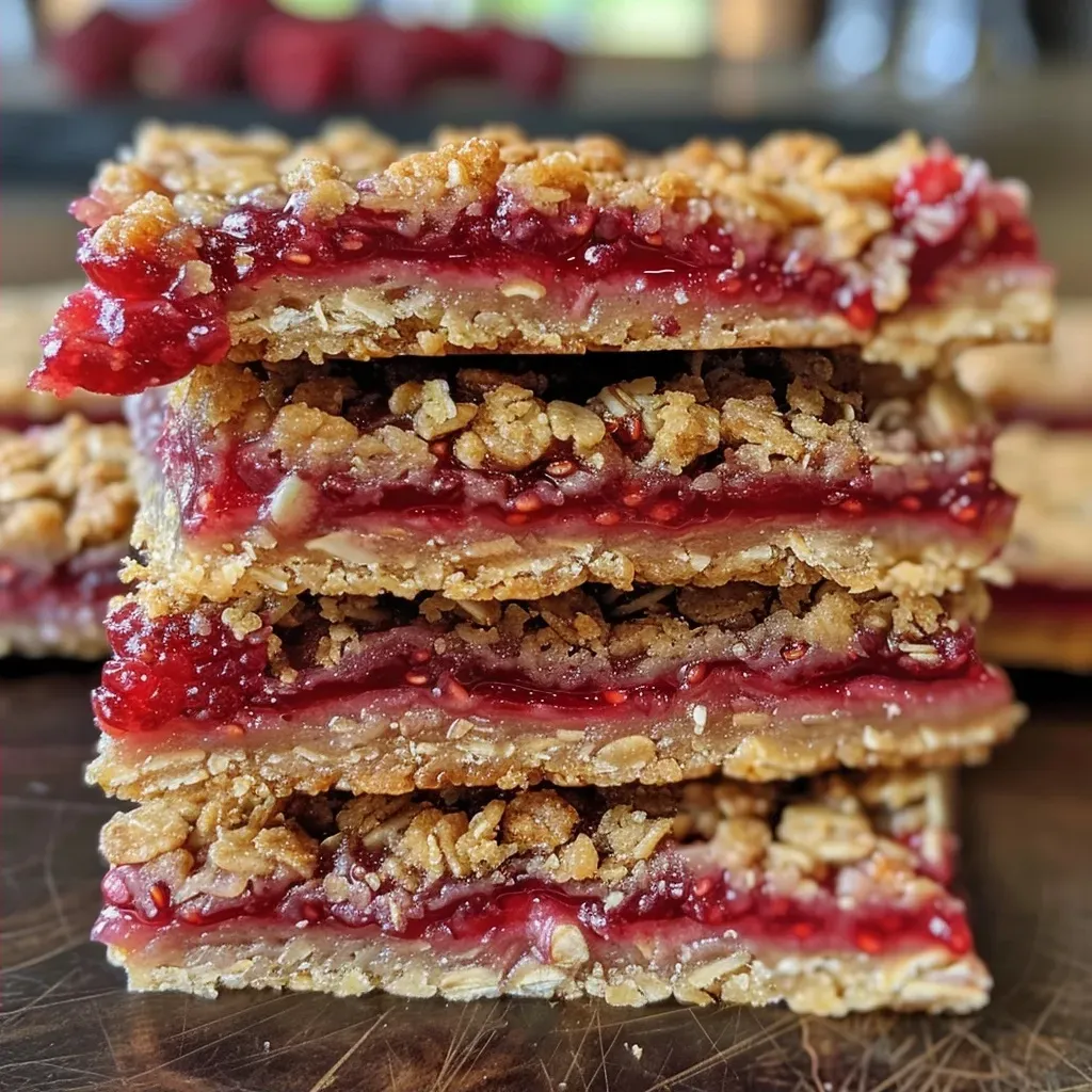['Close-up view of raspberry bars with oats and a crumbly texture.', 'Side view of freshly made raspberry bars, showing layers of fruit and dough.', 'Juicy raspberry bars with a golden crust, highlighted by a soft focus background.', 'Delicious raspberry dessert bars, emphasizing the vibrant red fruit filling.']