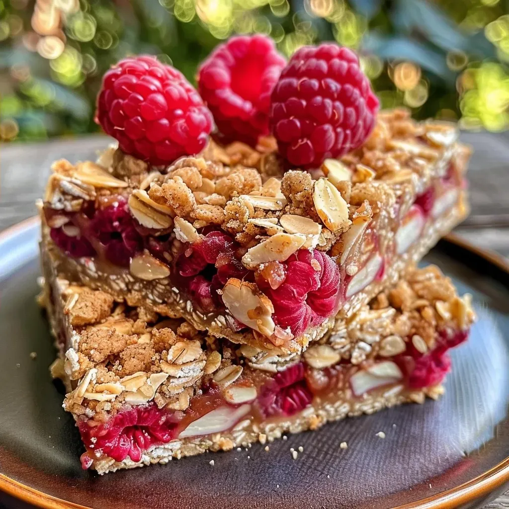 ['Close-up view of raspberry crumble bars with a golden crust and rich raspberry filling.', 'Side view of delicious raspberry crumble bars showcasing their crumbly topping and jam center.', 'Delicious raspberry crumble bars highlighted with a buttery topping and juicy raspberry layer.', 'A detailed side view of raspberry crumble bars, featuring a golden crumble and vibrant raspberry jam.']