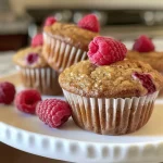 ['Close-up view of freshly baked raspberry muffins with a golden-brown top.', 'Side view of raspberry muffins showcasing their fluffy texture and plump berries.', 'Juicy raspberry muffins with a shiny sugar topping, arranged on a white plate.', 'Delicious raspberry muffins with vibrant red raspberries peeking through the batter.']