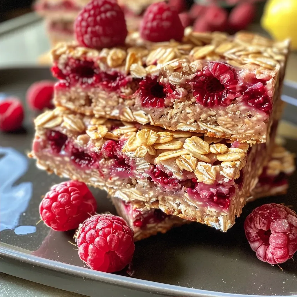 ['Close-up view of raspberry yogurt bars with a golden crust and fresh raspberries.', 'Side view of a delicious raspberry yogurt bar showcasing its creamy filling and crumbly base.', 'Juicy raspberry yogurt bars displayed with a vibrant berry topping and rich texture.', 'Appetizing raspberry yogurt bars with visible layers of yogurt and raspberries in a rustic setting.']