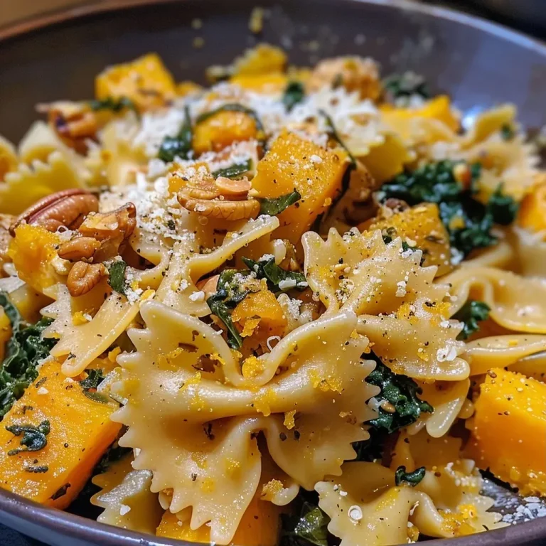 ['Close-up view of a bowl of roasted butternut squash pasta with ground chicken and kale.', 'A delicious plate of roasted butternut squash pasta topped with kale and shaved parmesan.', 'Side view of a serving of roasted butternut squash pasta with ground chicken and toasted pecans.', 'Colorful roasted butternut squash pasta featuring greens, topped with pecans and cheese.']