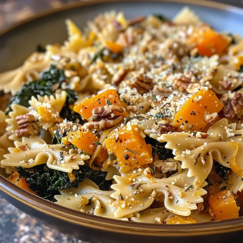 ['Close-up view of a bowl of roasted butternut squash pasta with ground chicken and kale.', 'A delicious plate of roasted butternut squash pasta topped with kale and shaved parmesan.', 'Side view of a serving of roasted butternut squash pasta with ground chicken and toasted pecans.', 'Colorful roasted butternut squash pasta featuring greens, topped with pecans and cheese.']