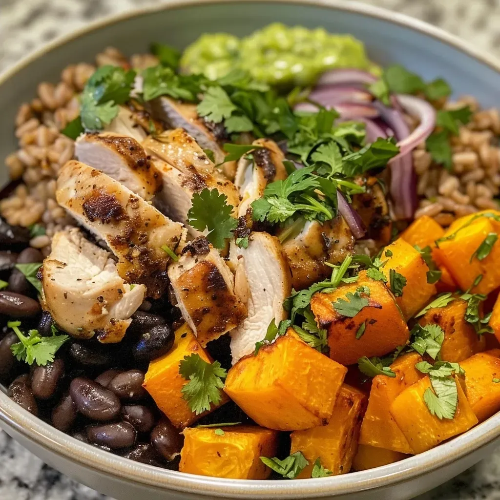 ['Close-up of a roasted chicken and butternut squash rice bowl topped with guacamole.', 'Colorful rice bowl featuring juicy roasted chicken, butternut squash, and fresh guacamole.', 'Side view of a bowl filled with brown rice, roasted chicken, and vibrant butternut squash.', 'Delicious rice bowl showcasing diced butternut squash and chicken with a garnish of cilantro.']