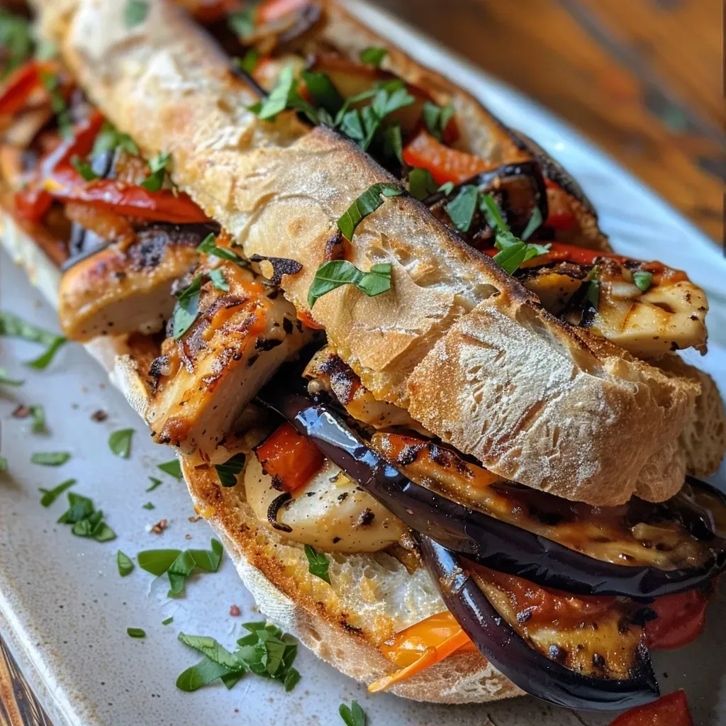 ['Close-up of a roasted chicken baguette filled with colorful ingredients.', 'Side view of a juicy roasted chicken baguette showcasing melted mozzarella and grilled capsicum.', 'Detailed image of a baguette sandwich with roasted chicken and vibrant toppings.', 'Delicious roasted chicken baguette with a variety of fresh ingredients on display.']