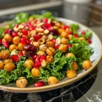['Close-up view of a vibrant roasted chickpea salad with colorful ingredients.', 'A detailed side view of a roasted chickpea salad featuring kale, cranberries, and pomegranate.', 'Image of a fall salad with roasted chickpeas, nuts, and a medley of seasonal vegetables.', 'Close-up of a nutritious roasted chickpea salad garnished with pepitas and cranberries.']