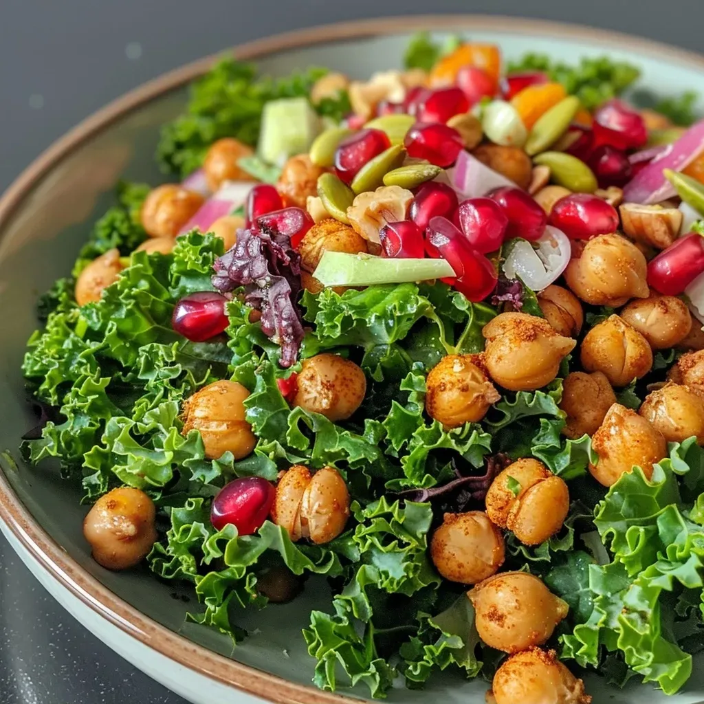 ['Close-up view of a vibrant roasted chickpea salad with colorful ingredients.', 'A detailed side view of a roasted chickpea salad featuring kale, cranberries, and pomegranate.', 'Image of a fall salad with roasted chickpeas, nuts, and a medley of seasonal vegetables.', 'Close-up of a nutritious roasted chickpea salad garnished with pepitas and cranberries.']
