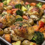 ['Close-up of roasted garlic chicken thighs and colorful roasted vegetables.', 'Juicy roasted chicken with vibrant broccoli, carrots, and bell peppers.', 'Side view of a plate featuring roasted chicken and an assortment of vegetables.', 'Deliciously plated roasted garlic chicken with a variety of fresh vegetables.']