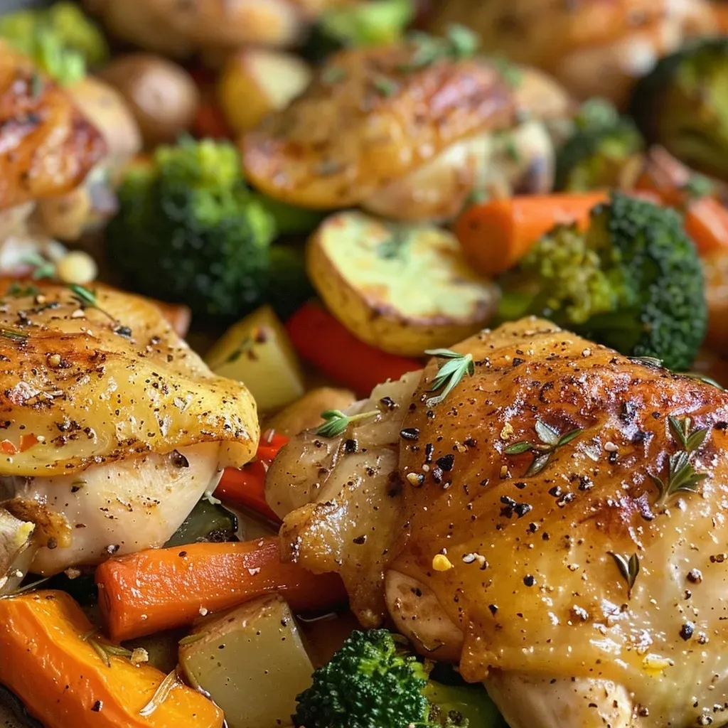 ['Close-up of roasted garlic chicken thighs and colorful roasted vegetables.', 'Juicy roasted chicken with vibrant broccoli, carrots, and bell peppers.', 'Side view of a plate featuring roasted chicken and an assortment of vegetables.', 'Deliciously plated roasted garlic chicken with a variety of fresh vegetables.']