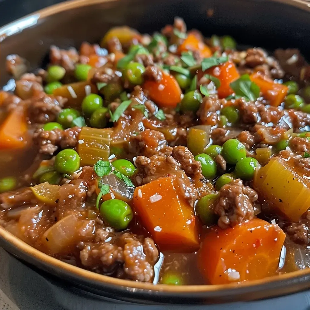 ['Close-up of a bowl filled with juicy Savoury Mince, featuring ground beef and vegetables.', 'Side view of a hearty Savoury Mince dish, showcasing its rich texture and color.', 'Delicious Savoury Mince displayed in a bowl, highlighting minced beef and vibrant vegetables.', 'Close-up image of Savoury Mince, with visible peas, carrots, and spices, taken with an iPhone.']