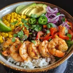 ['Close-up view of colorful shrimp fajita bowls with fresh ingredients.', 'Juicy shrimp fajita bowls garnished with avocado and lime slices.', 'Vibrant shrimp fajita bowls showcasing bell peppers and black beans.', 'Appetizing shrimp fajita bowls displayed with cooked rice and salsa.']