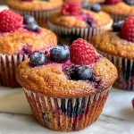 ['A close-up side view of freshly baked Sourdough Berry Muffins, showcasing their fluffy texture and mixed berries.', 'Delicious, golden-brown Sourdough Berry Muffins filled with blueberries and raspberries, viewed from the side.', 'Close-up image of Sourdough Berry Muffins, highlighting their moist interior and vibrant berry colors.', 'Side perspective of juicy Sourdough Berry Muffins that display a mix of blueberries and raspberries on top.']