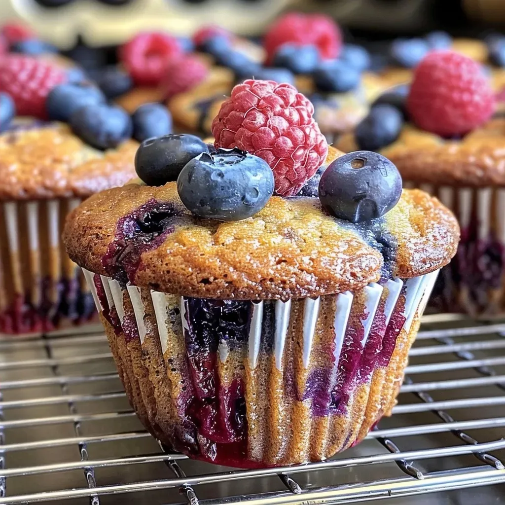 ['A close-up side view of freshly baked Sourdough Berry Muffins, showcasing their fluffy texture and mixed berries.', 'Delicious, golden-brown Sourdough Berry Muffins filled with blueberries and raspberries, viewed from the side.', 'Close-up image of Sourdough Berry Muffins, highlighting their moist interior and vibrant berry colors.', 'Side perspective of juicy Sourdough Berry Muffins that display a mix of blueberries and raspberries on top.']