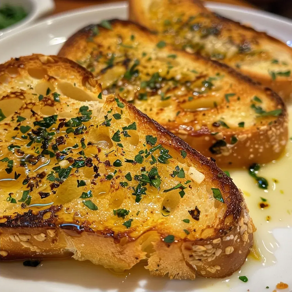 ['Close-up of crispy sourdough garlic toast, golden brown with melted herb butter.', 'Side view of juicy sourdough garlic toast topped with garlic herb butter on a plate.', 'Detailed view of toasted sourdough bread, glistening with melted garlic butter.', 'Appetizing shot of four slices of sourdough garlic toast, showing texture and toppings.']