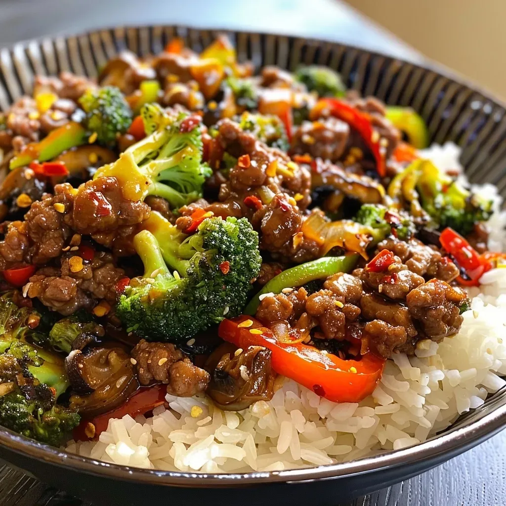 ['Close-up view of a spicy ground beef stir-fry bowl with colorful vegetables and rice.', 'A vibrant stir-fry bowl featuring juicy ground beef, garlic veggies, and a serving of steamed rice.', 'Detailed shot of a mixed stir-fry bowl with ground beef, broccoli, bell peppers, and zucchini.', 'Appetizing side view of spicy ground beef stir-fry alongside a bed of white rice and fresh vegetables.']