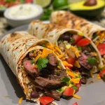 ['Close-up of juicy steak burritos, garnished with fresh toppings.', 'Side view of delicious steak burritos with vibrant ingredients.', 'Detailed shot of steak burritos stuffed with colorful fillings.', 'Appetizing steak burritos stacked and ready to enjoy.']