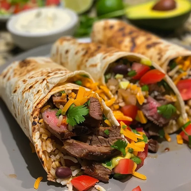 ['Close-up of juicy steak burritos, garnished with fresh toppings.', 'Side view of delicious steak burritos with vibrant ingredients.', 'Detailed shot of steak burritos stuffed with colorful fillings.', 'Appetizing steak burritos stacked and ready to enjoy.']