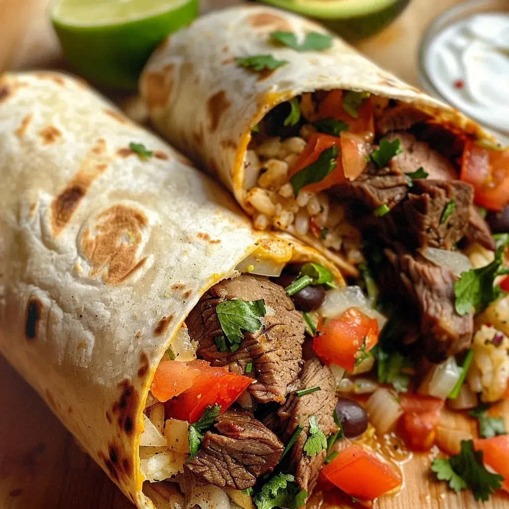 ['Close-up of juicy steak burritos, garnished with fresh toppings.', 'Side view of delicious steak burritos with vibrant ingredients.', 'Detailed shot of steak burritos stuffed with colorful fillings.', 'Appetizing steak burritos stacked and ready to enjoy.']