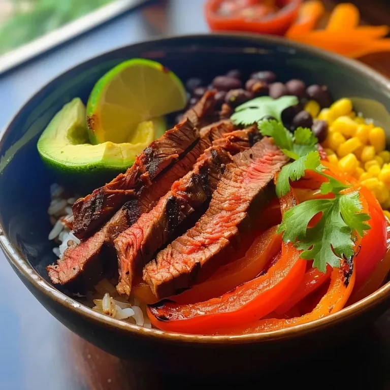 ['A close-up view of a vibrant Steak Fajita Power Bowl with colorful ingredients.', 'A side view of a delicious Steak Fajita Power Bowl featuring juicy steak, peppers, and avocado.', 'A detailed image of a Steak Fajita Power Bowl showcasing sliced steak, bell peppers, and rice.', 'A visually appealing Steak Fajita Power Bowl with layers of ingredients including avocado and black beans.']