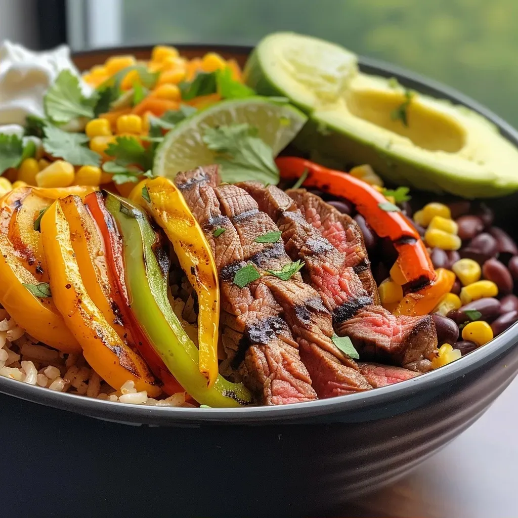 ['A close-up view of a vibrant Steak Fajita Power Bowl with colorful ingredients.', 'A side view of a delicious Steak Fajita Power Bowl featuring juicy steak, peppers, and avocado.', 'A detailed image of a Steak Fajita Power Bowl showcasing sliced steak, bell peppers, and rice.', 'A visually appealing Steak Fajita Power Bowl with layers of ingredients including avocado and black beans.']